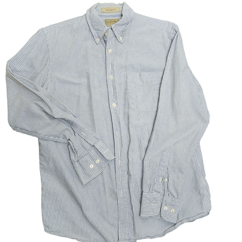 Sonoma Men’s Blue & White Striped Long Sleeve Dress Shirt - M
